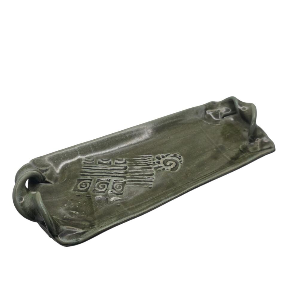 Handmade Green Glazed Pottery Tray – 11" x 4.5"